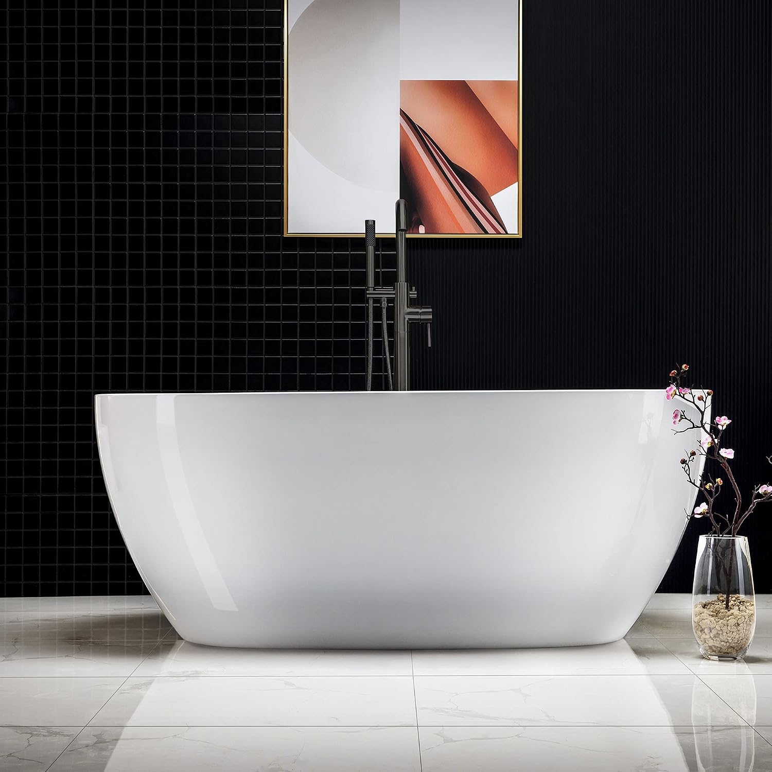 WOODBRIDGE 59'Freestanding White Acylic Soaking Bathtub with Oil-Rubbed Bronze Drain and Overflow,BTA1518 -ORB-Drain &O