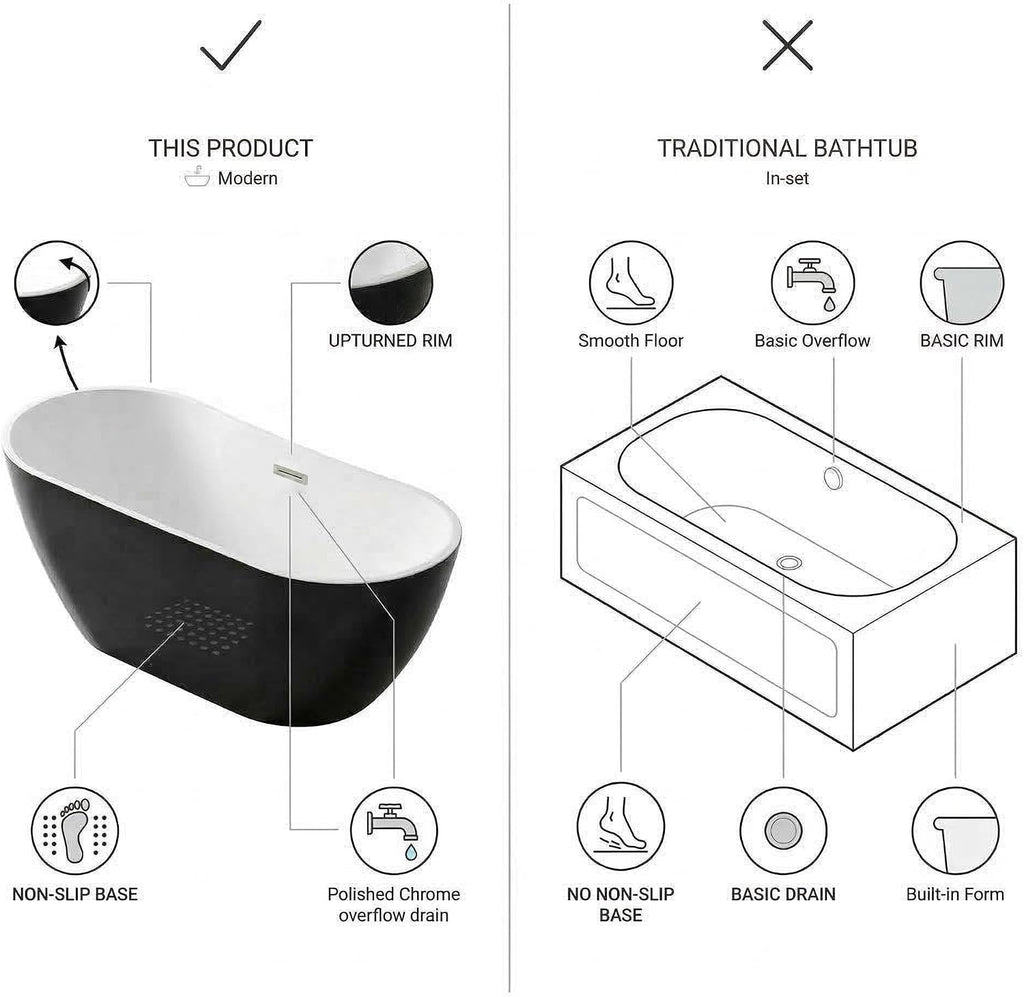 Acrylic Freestanding Bathtub, 67 Inch Deep Soaking Tub, One End Raised, White Interior Black Exterior, Chrome Pop-Up Drain, Overflow, Modern Acrylic Stand Alone Tub for Home, Bathroom