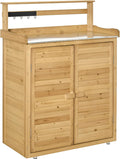 Garden Potting Bench Table Wooden Workstation Shed with Tabletop, Hooks, 3 Tier Shelves Cabinet and 2 Magnetic Close Doors