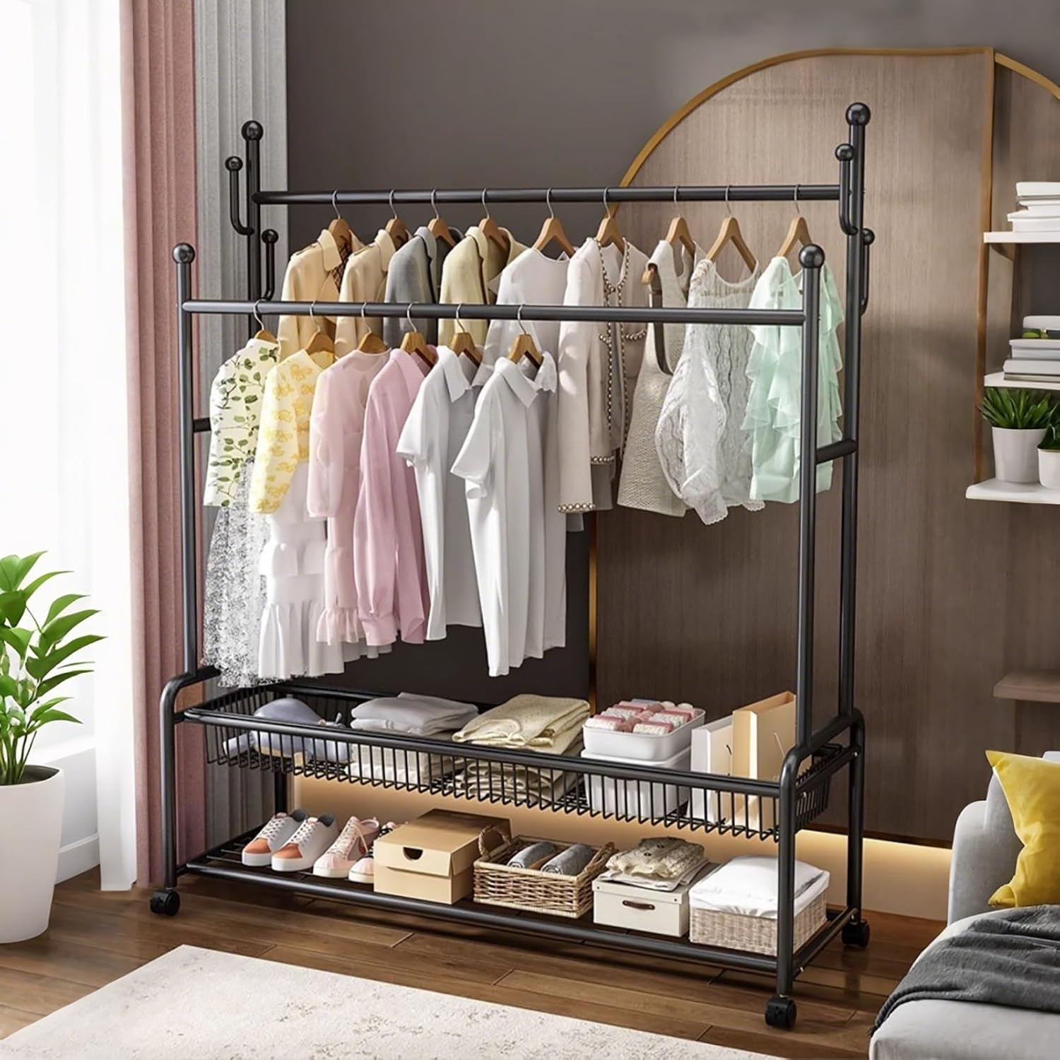 Clothes Rack With Wheels,Metal Garment Rack With Storage Shelves And Coat/Hat Hooks,Freestanding Clothing Organizer,Black/Gold(White,100cm(39.4in))