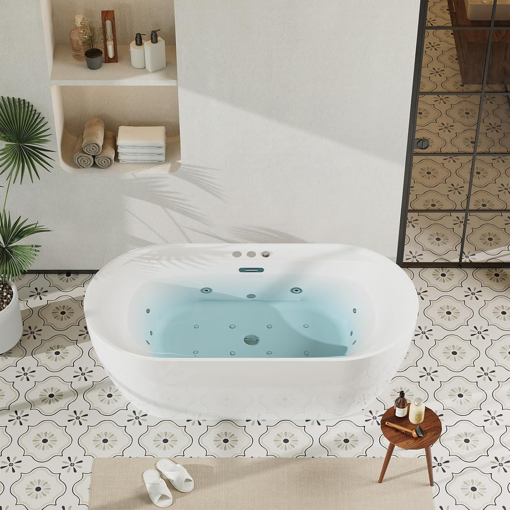 71 Inch Freestanding Jetted Tub,Acrylic Massage Bathtub with 10 Jets and LED Chromatherapy, White Jetted Bath Tub for Modern Bathrooms