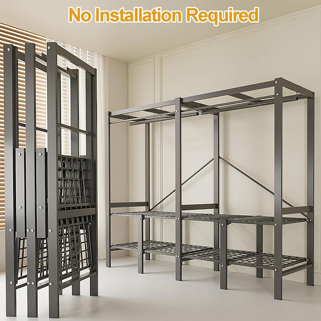 Heavy Duty Portable Closet With Cover, Foldable Clothe Garment Rack For Hanging, Foldable Covered Clothes Rack, Freestanding Clothing Coat Storage Rack(151cm/59.4inch)