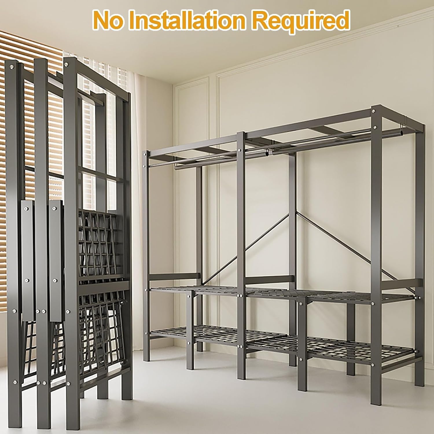 Heavy Duty Portable Closet With Cover, Foldable Clothe Garment Rack For Hanging, Foldable Covered Clothes Rack, Freestanding Clothing Coat Storage Rack(151cm/59.4inch)