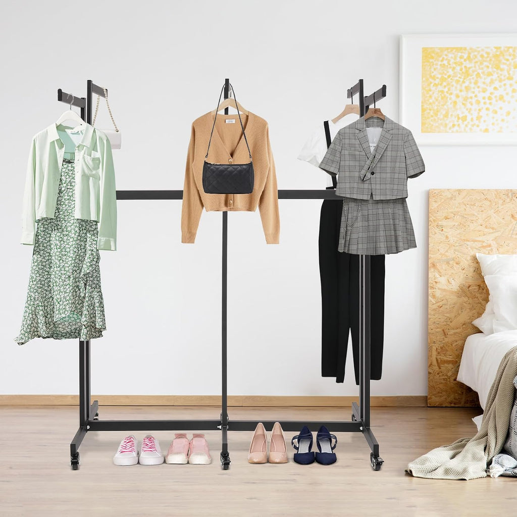 Heavy Duty Garment Rack, Height-Adjustable Clothing Rack with 6 Arms, Floor Standing with Wheels, 165 lbs Load Capacity for Hanging Clothes