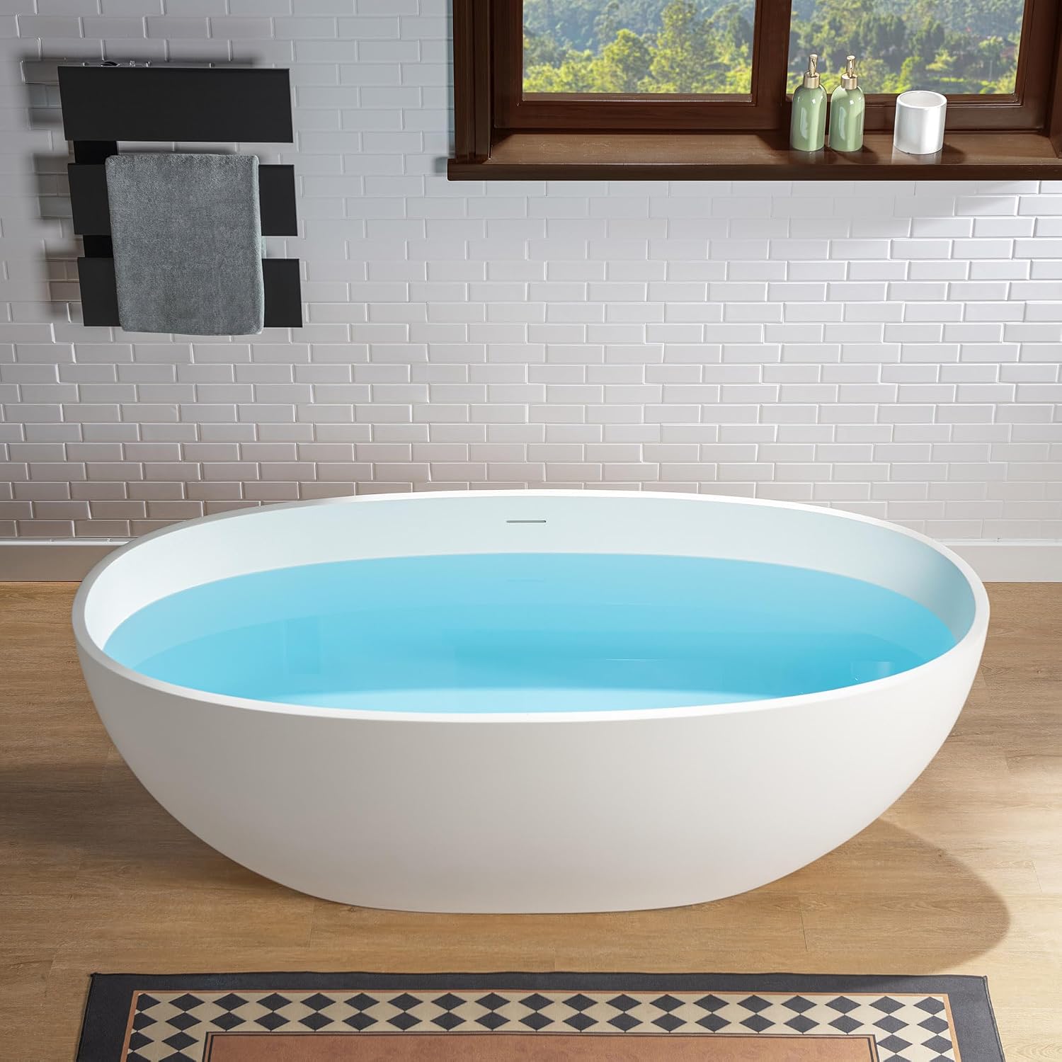 WOODBRIDGE 67' Stone Resin Freestanding Soaking Tub, Modern Oval Solid Surface Bathtub with Integrated Slotted Overflow & Drain, Matte White