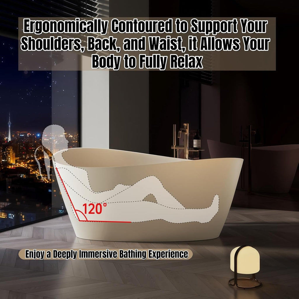 68' Edeyeu Stylish Freestanding Bathtub - Modern Soaker Tub, Extra Deep Freestanding Bathtubs, Durable PMMA Stand Alone Tub, Contemporary Solid Surface Bathtub for Luxurious Bathroom Spa Beige