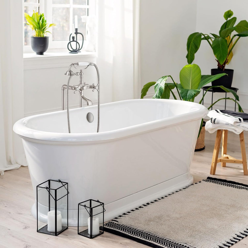 gotonovo Freestanding Bathtub Faucet Floor Mount Tub Filler with Double Cross Knobs 360° Rotation Spout High Flow Floor Standing Bathtub Shower Trumpet Shape Handheld Spray Brushed Nickel