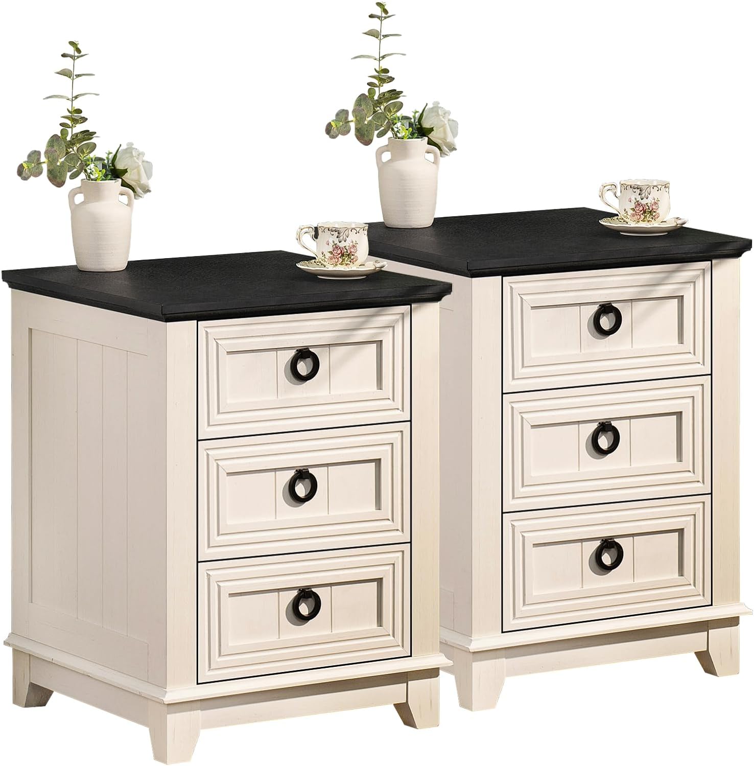 Joaxswe Farmhouse Night Stand Set of 2, 18' End Table with 3 Drawer Metal Handle, Dresser for Bedroom, Sofa Bed Side Table Chest of Drawers,Wood Nightstand Cabinet for Organizer, Living Room-White