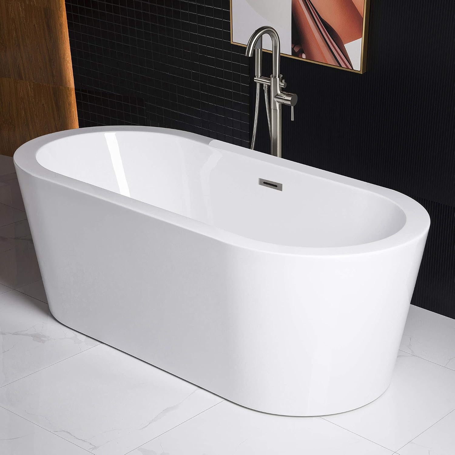 WOODBRIDGE 59' Acrylic Freestanding Bathtub Contemporary Soaking White Tub with Brushed Nickel Overflow and Drain，B0012 -B/N-Drain &O