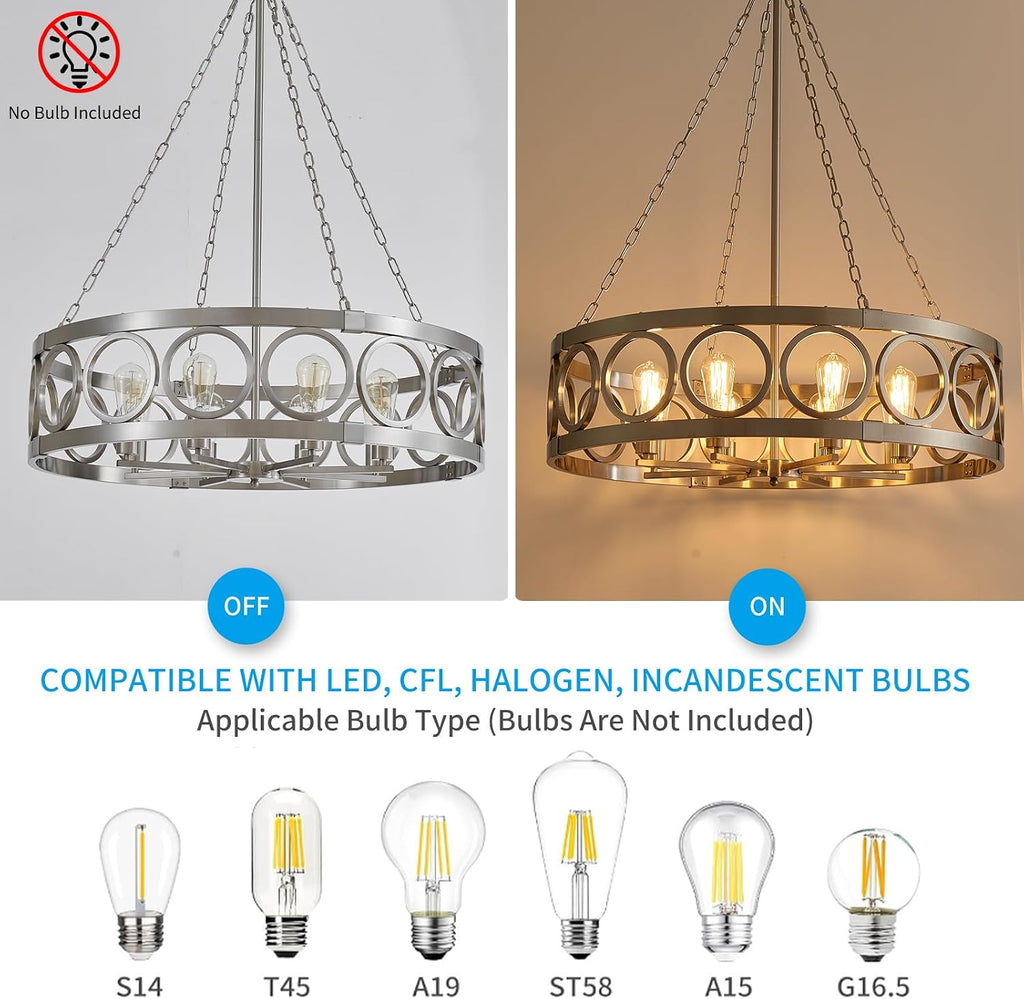XINGQI 32.3' Large Brushed Nickel Drum Chandelier Modern 8-Light Rustic Farmhouse Round Pendant Lighting Fixture for Dining Room Living Room Office Kitchen Island