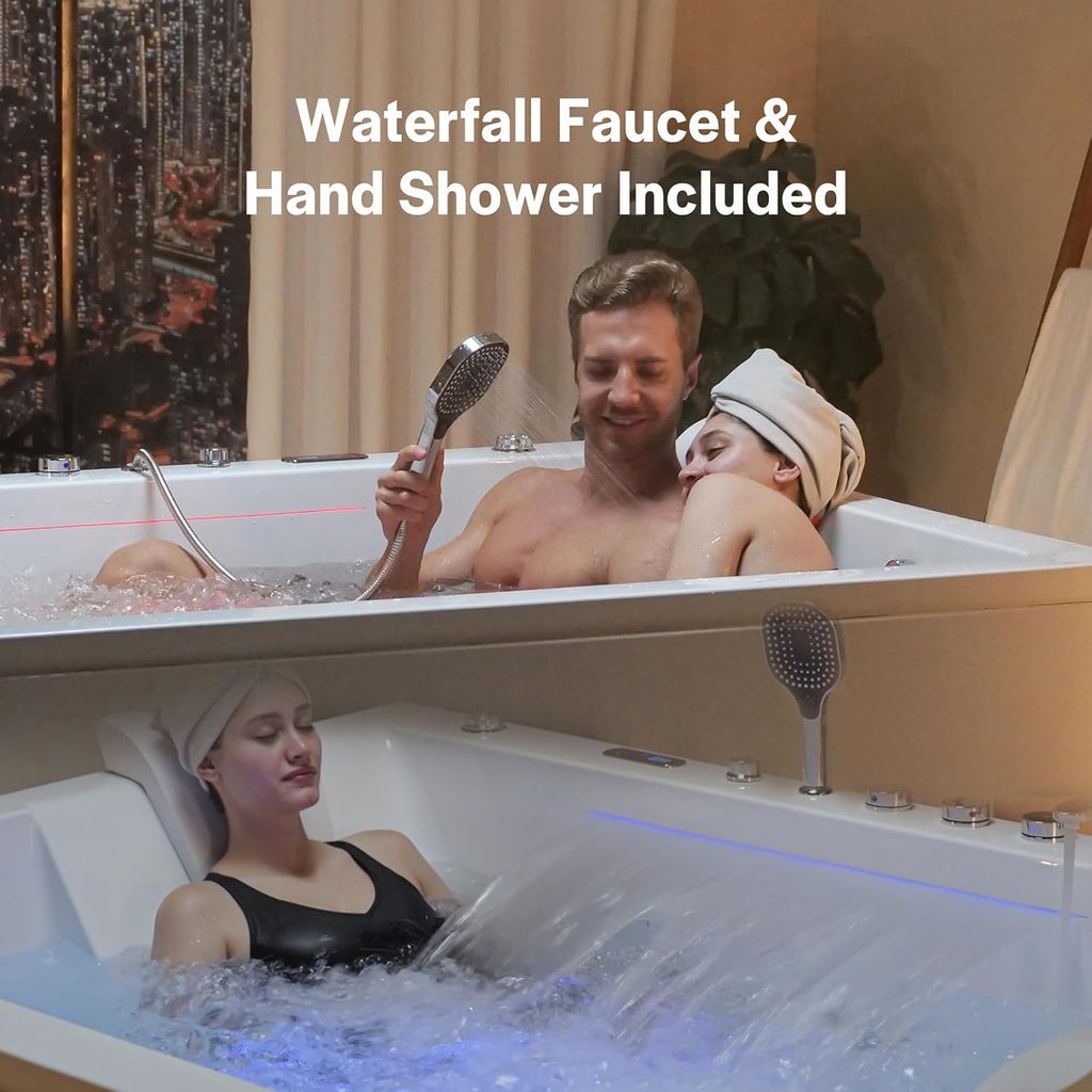 Empava PRO Series 71'x51' Jetted Bathtub, Alcove Spa Tub | 16 Hydro + 24 Air Jets, Chromotherapy & Waterfall | Thermostatic Control, Rectangular Acrylic Whirlpool Bathtub, White (ETL Certified)