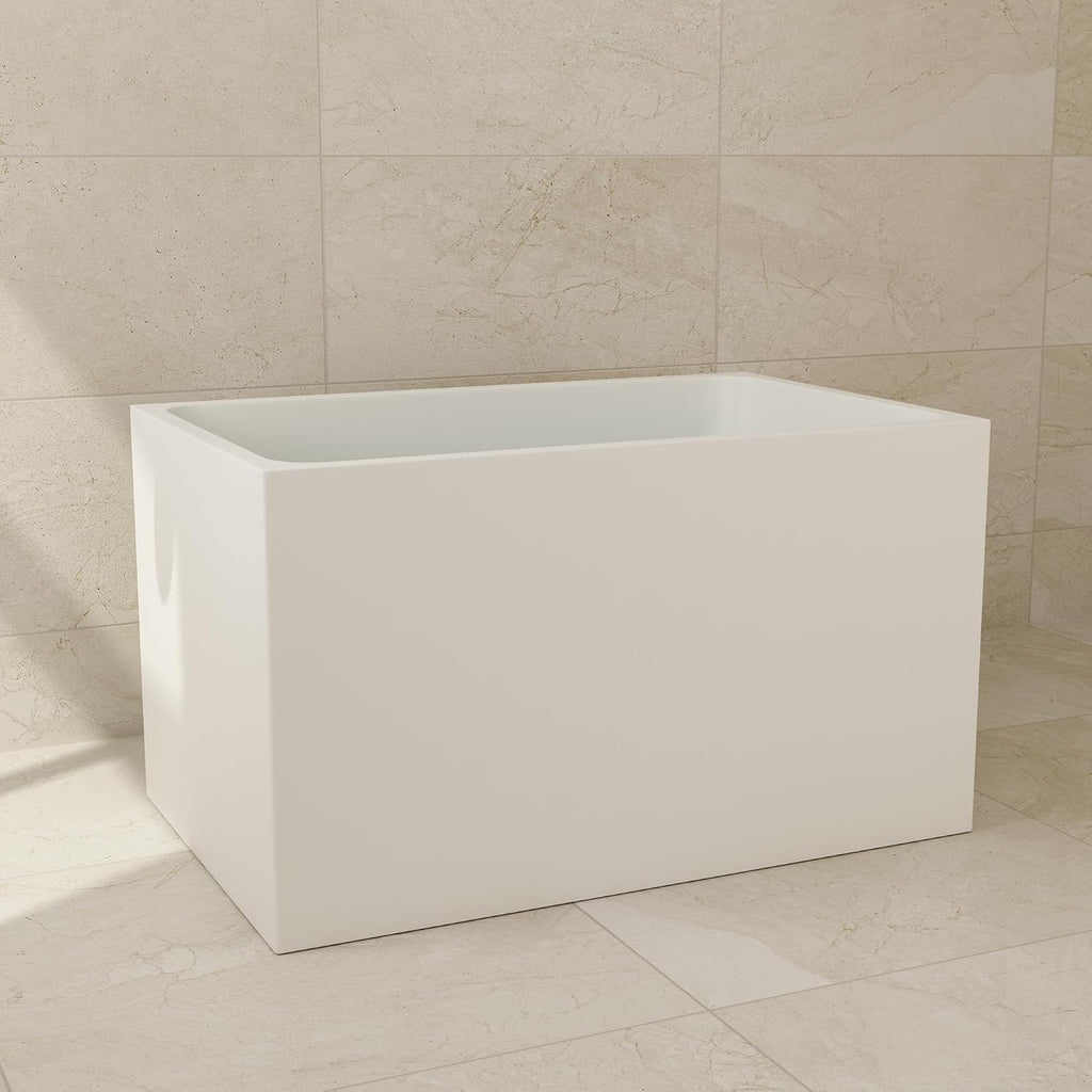 CASAINC 43' Acrylic Freestanding Bathtub with Seat, Spacious Rectangle Shape Soaking Tub, Soaking Stand Alone Tub with Chrome Overflow and Pop Up Drain, Gloss White