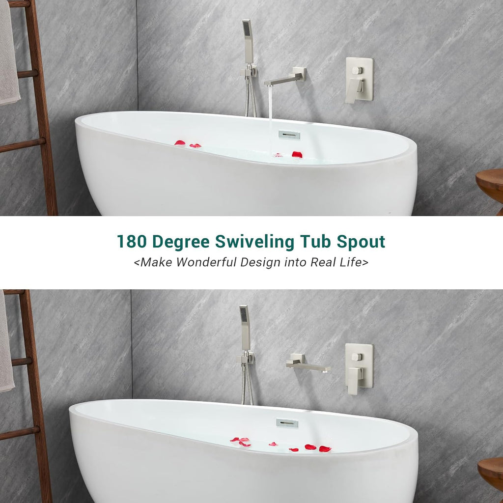 DASAN Swiveling Wall Mount Tub Filler Faucet Set with Hand Held Shower, Brushed Nickel Modern Creative Bathtub Faucet Wall Mounted Bath Tub Faucet with High Flow Rough in Valve, SA-TF05WH-BN