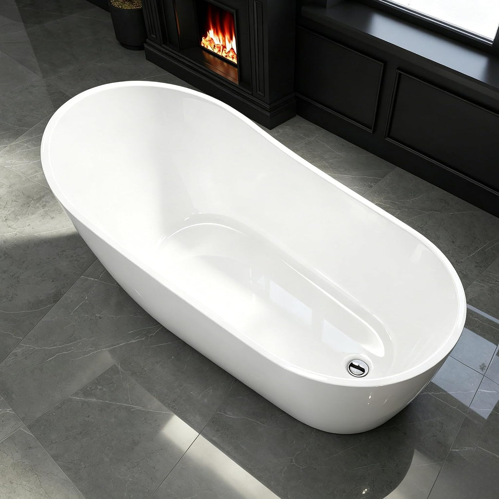67' Acrylic Free Standing Tub, High-Back Freestanding Bathtub, Soaking Tub with Overflow and Drain, Gloss White