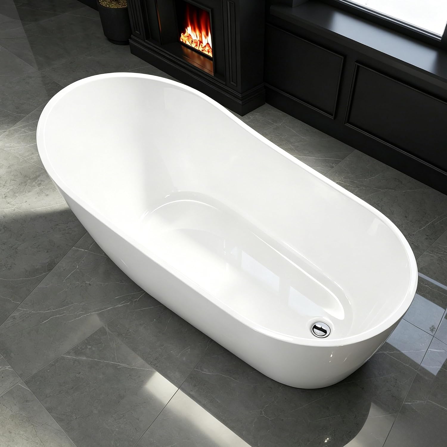 67' Acrylic Free Standing Tub, High-Back Freestanding Bathtub, Soaking Tub with Overflow and Drain, Gloss White