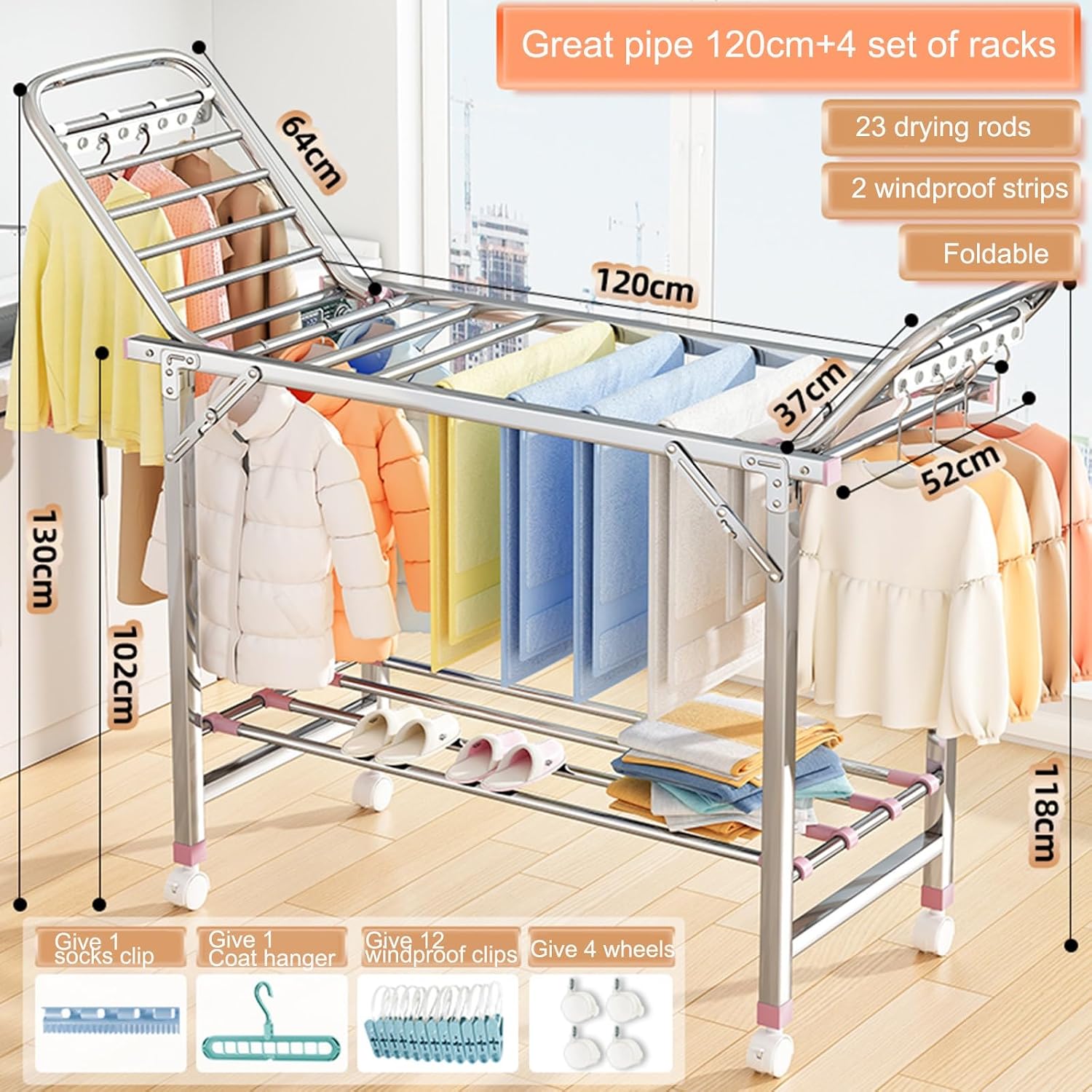 Laundry Drying Rack Collapsible,Cloths Drying Rack 2-Tier Four-Legged Clothing Rack,Portable Garment Rack with Moving Foot Wheel,Free-Standing Large Drying Rack with Height-Adjustable Wings