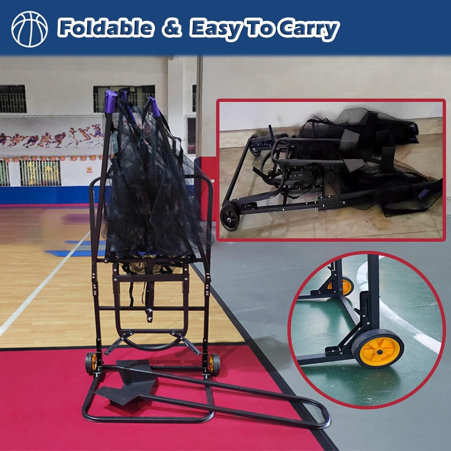 Indoor/Outdoor Basketball Return with Wheels, Portable Basketball Net Catcher with 180° Rotatable Chute, Shooting Training Rebounder System Easy to Fold