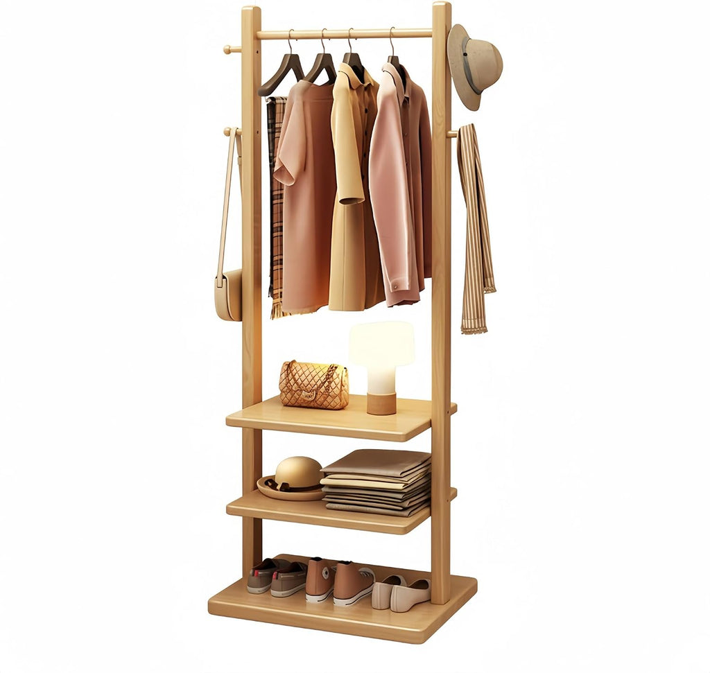 Solid Wood Coat Rack Stand with 3-Tier Shelves & 4 Hooks, Heavy Duty Freestanding Garment Rack for Entryway & Bedroom, Open Wardrobe Clothing Organizer, Walnut Finish(Natural,15.7in)