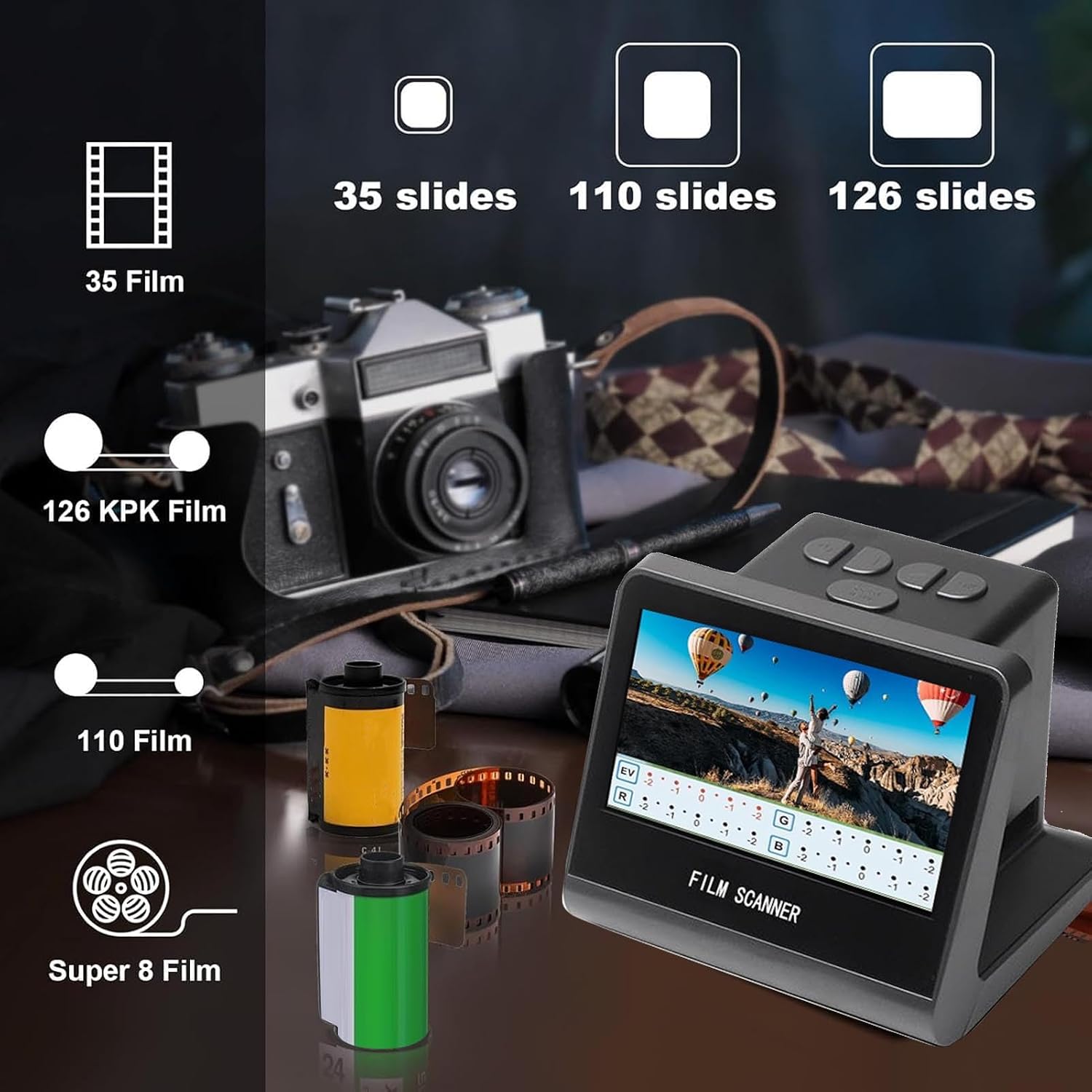 Yoidesu Film Scanner Digital 22MP with 5 Inch LCD Screen, Digital Film Scanner 16GB Memory, Slide Convert Negatives Monochrome to JPEG
