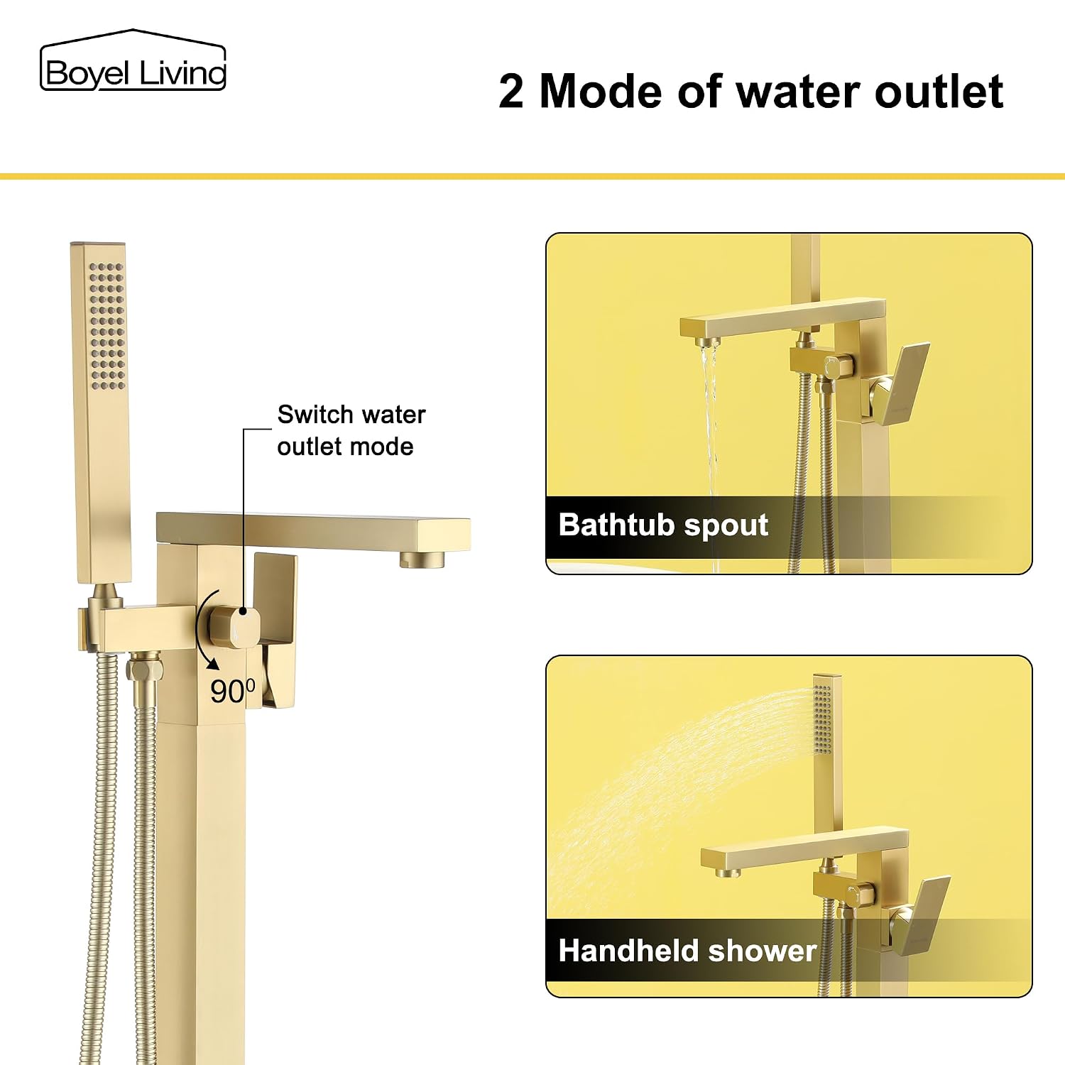 Boyel Living Freestanding Bathtub Faucet Tub Floor Mount Single Handle Filler Faucet with Hand Shower Brushed Gold