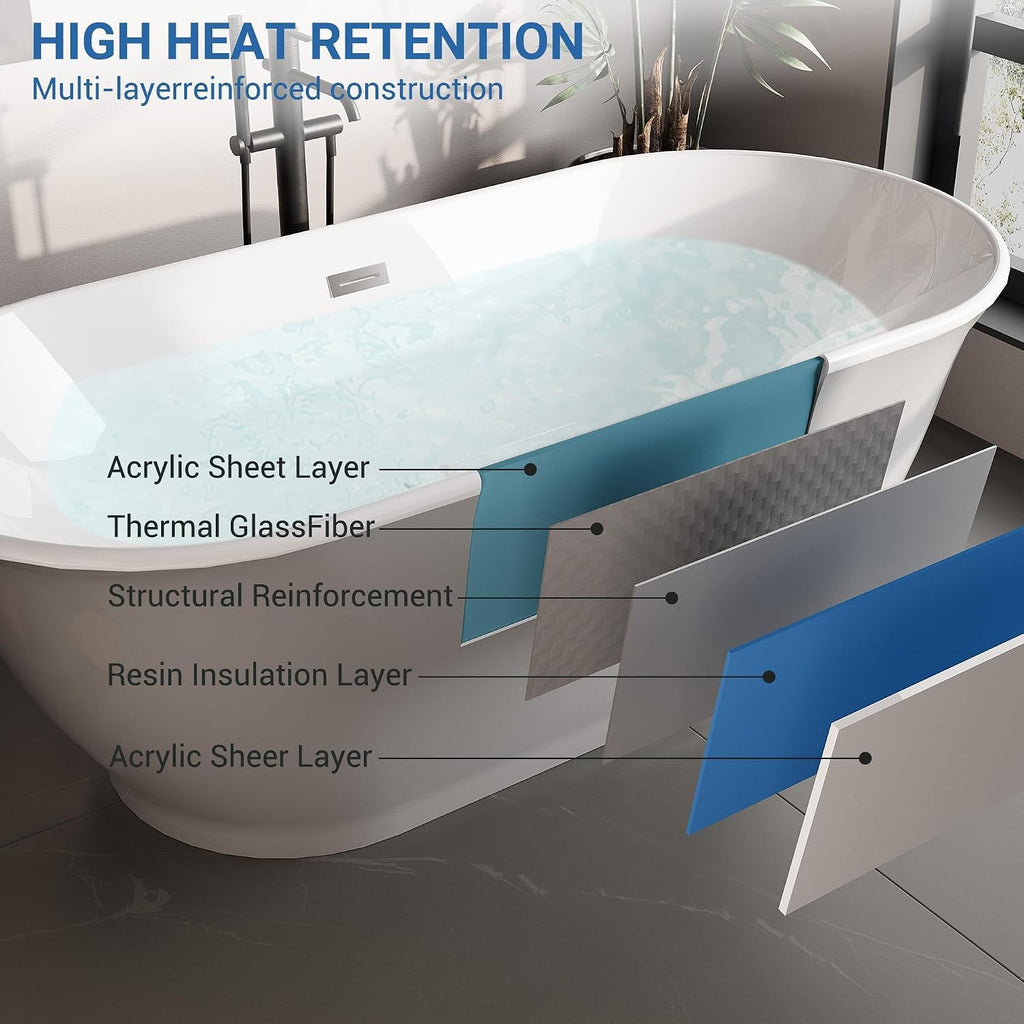 GarveeHome 67' Freestanding Bathtub, Acrylic Soaking Tub with Overflow, Matte Silver Drain, Modern Stand Alone Tub, Deep Free Standing Bath Tub for Bathroom, Hotel, Easy Install, CUPC Certified, White