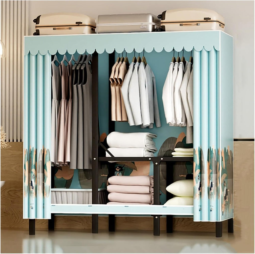 Foldable Closet With Cover,Heavy Duty Clothes Rack,Portable Wardrobe Closet For Hanging Clothing,Black Metal Garment Rack, Freestanding Covered Armoire Coat Storage(Blue2,160x48x172cm)