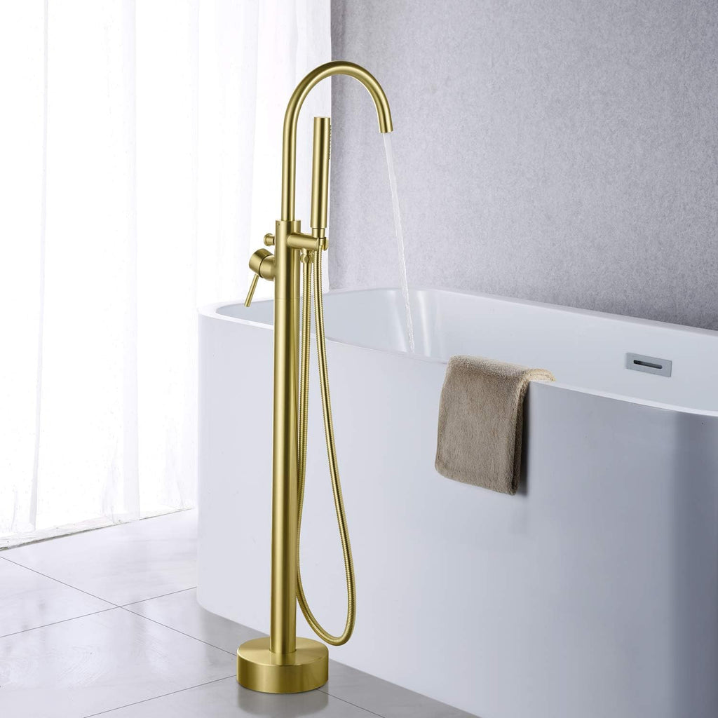 Freestanding Bathtub Faucet Tub Filler Brushed Gold Single Handle Floor Mounted Brass Faucets with Hand Shower