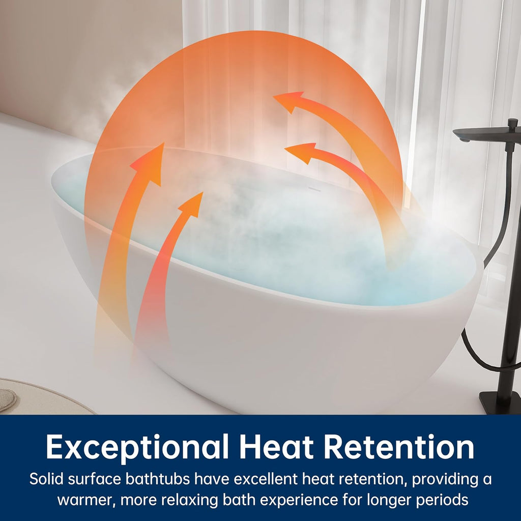 61'' Resin Stone Soaking Bathtub Oval Solid Surface Freestanding Soaking Bathtubs Matte White Soaking Tub with Overflow and Pop up Drain - White