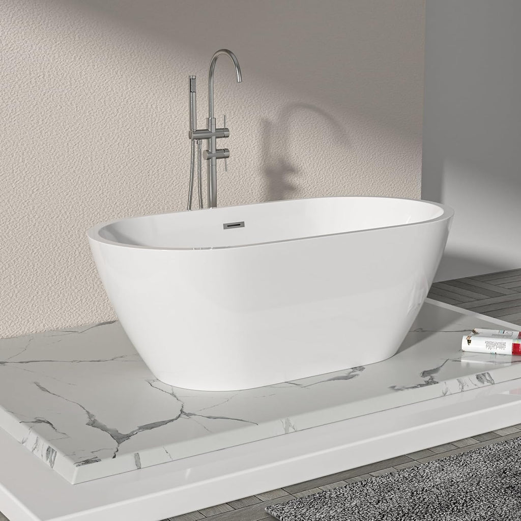 Logmey 59 Inch White Acrylic Freestanding Bathtub with Overflow Oval Shape Soaking Tub for Classic and Modern Bathrooms Chrome, Drain & Overflow Assembly Included