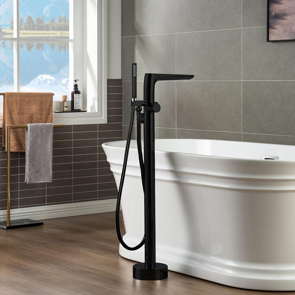 WOODBRIDGE F0015BL Contemporary Single Handle Floor Mount Freestanding Tub Filler Faucet with Hand shower in Matte Black Finish.