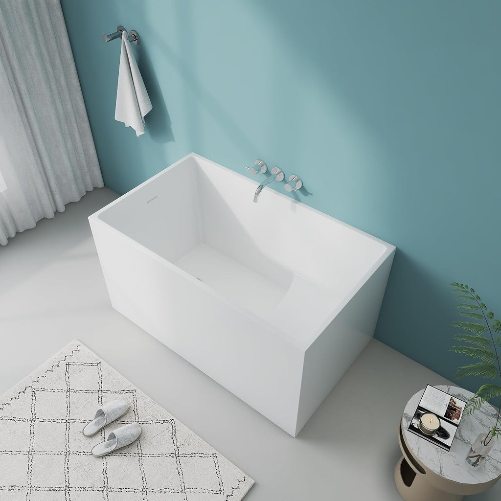 47' Modern Acrylic Free Standing Bathtub With Seat | Unique White Deep Square Soaking Tub with Overflow and CUPC Drain