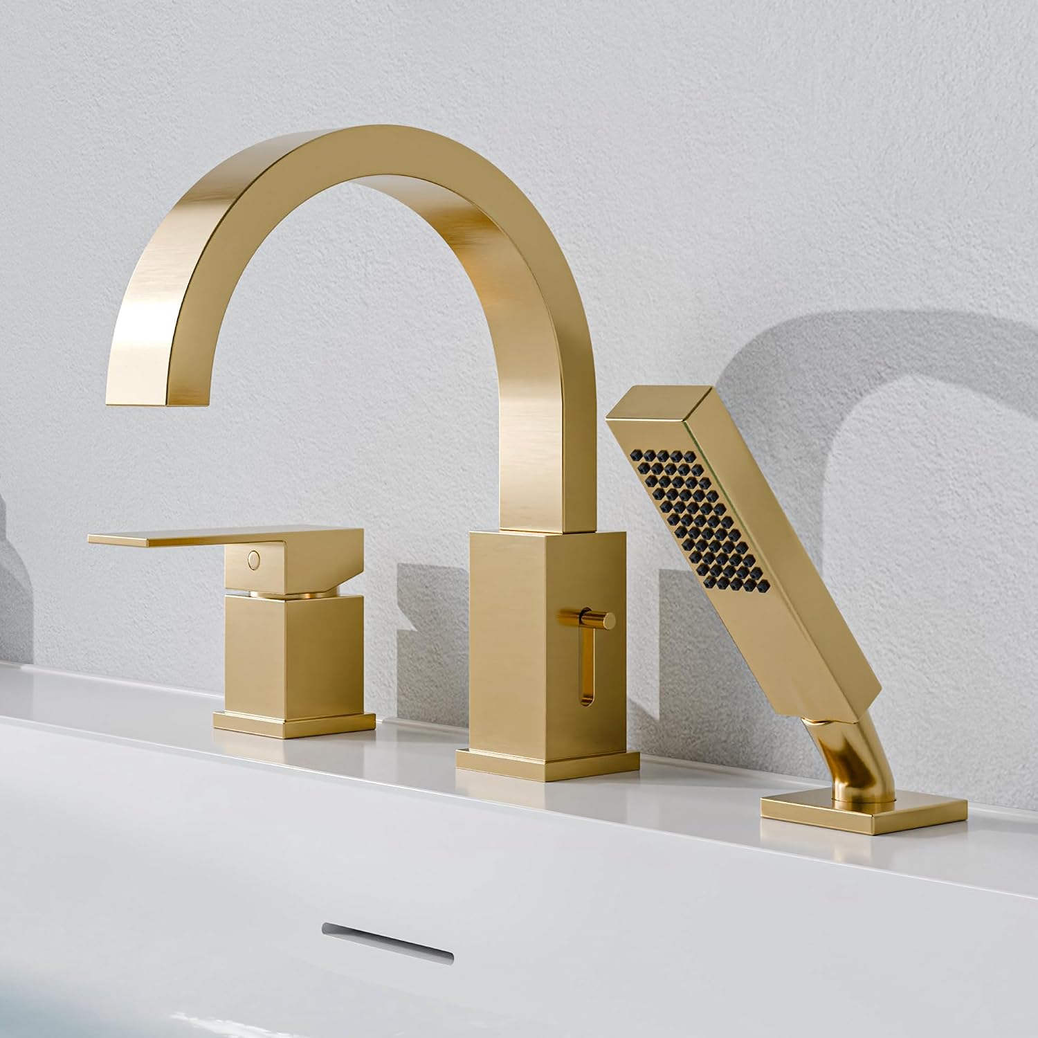 Bank Series 65 in. x 31 in. Flat Bottom Acrylic Freestanding Soaking Bathtub with Center Drain, Brushed Gold Faucet
