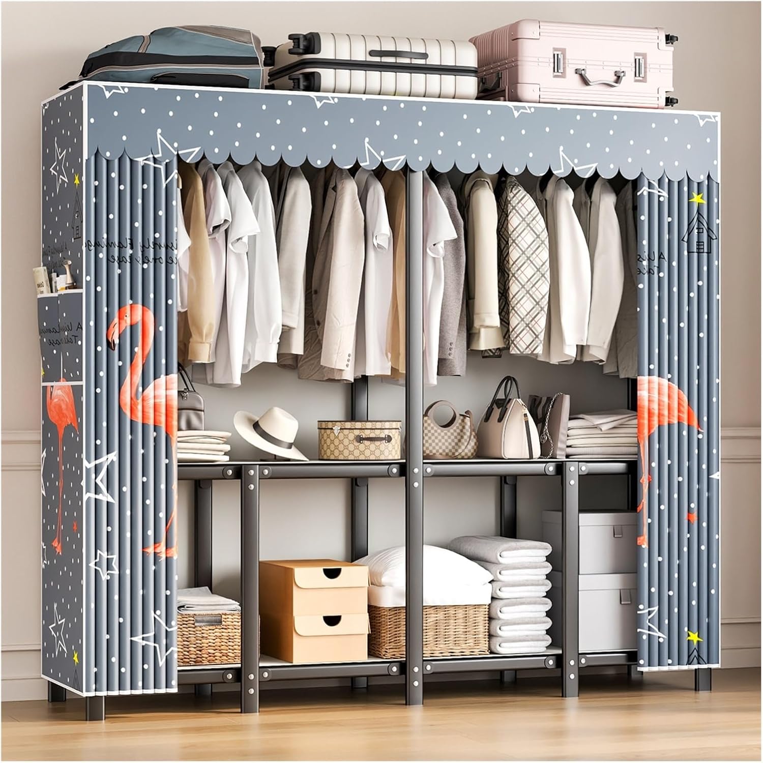 Portable Wardrobe Closet with Cover, Clothing Coat Storage Organizer with Hanging Rods, Foldable Garment Rack for Hanging Clothes, Steel Tube Clothes(Blue,110cm/43.3inch)