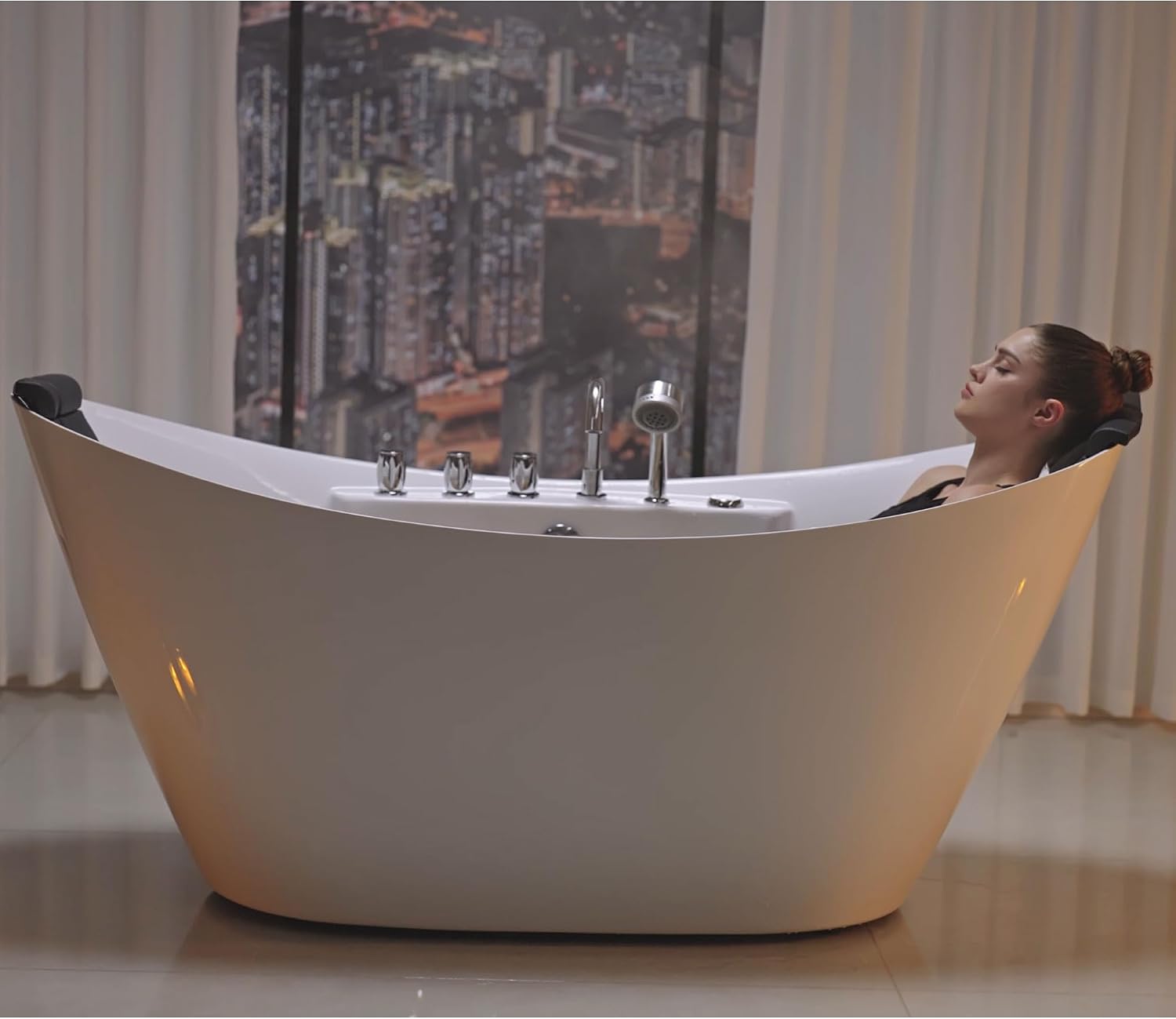 Empava 67' Freestanding Whirlpool Bathtub Oval with 8 Hydromassage Adjustable Water Jets Luxury Acrylic Massage SPA Soaking Bath Tub in White Double Ended