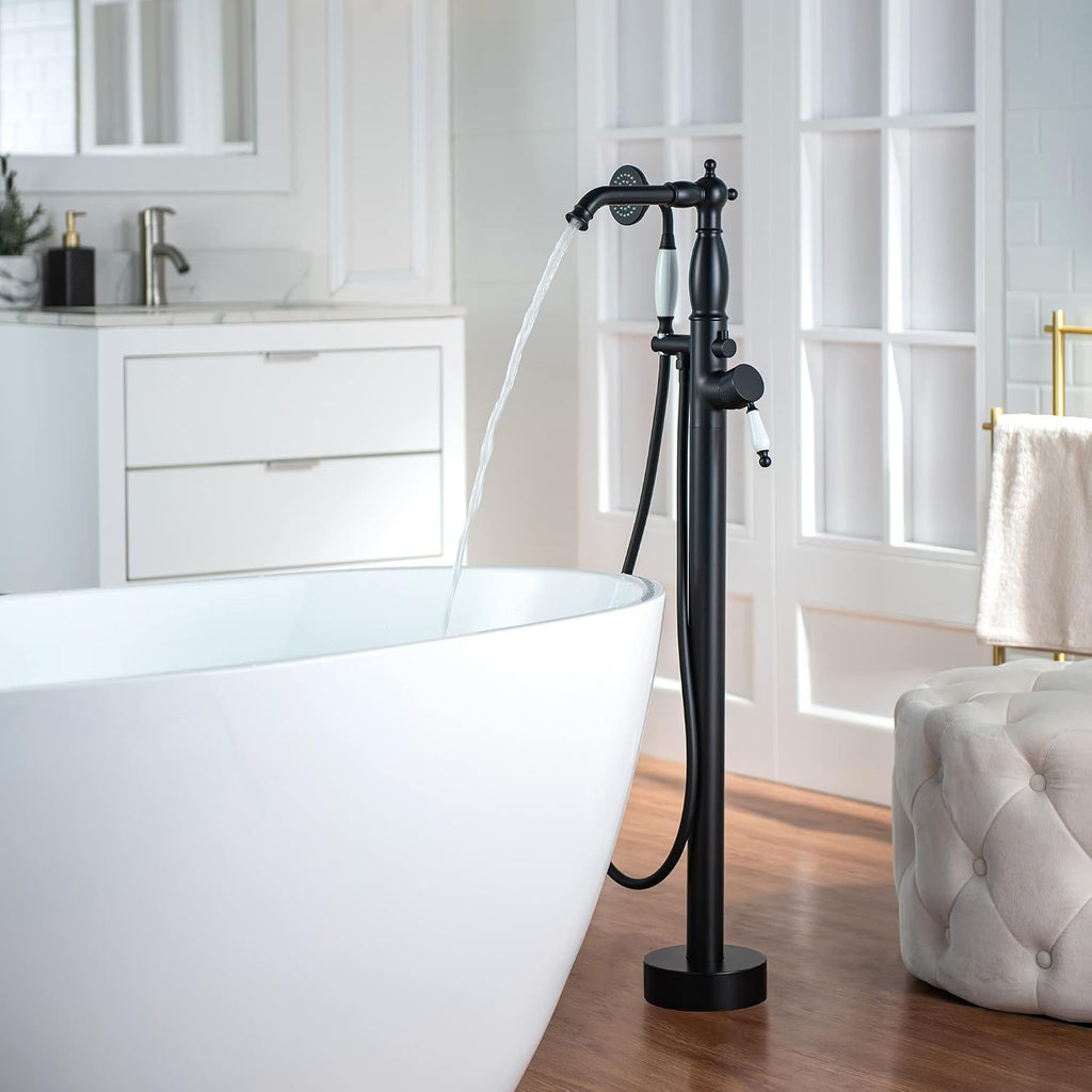 WOODBRIDGE Contemporary Single Handle Floor Mount Freestanding Tub Filler Faucet with Hand Shower in Matte Black Finish
