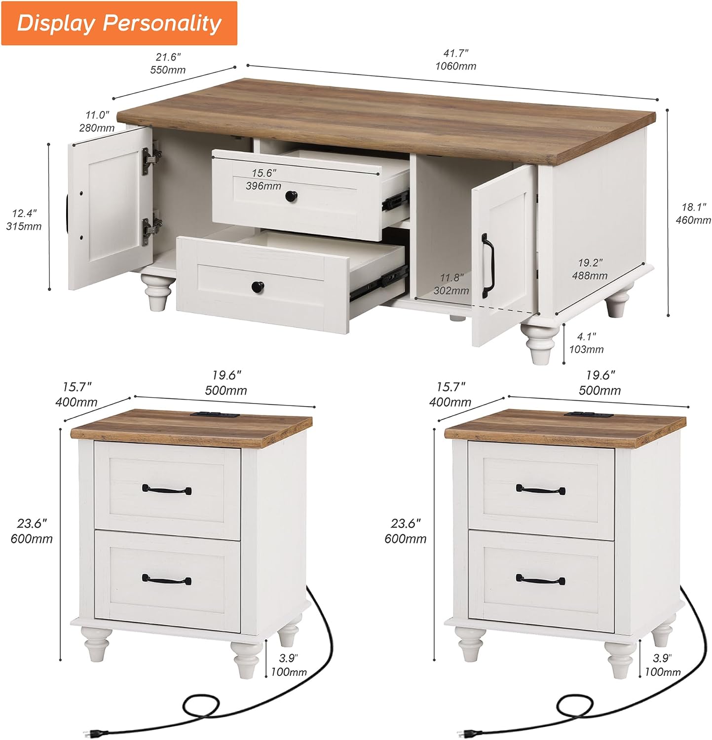 WAMPAT 3 Pieces Living Room Table Set, Set of 2 Nightstands Side Tables with Charging Station, One Rectangle Coffee Table with Storage Cabinet, Off White