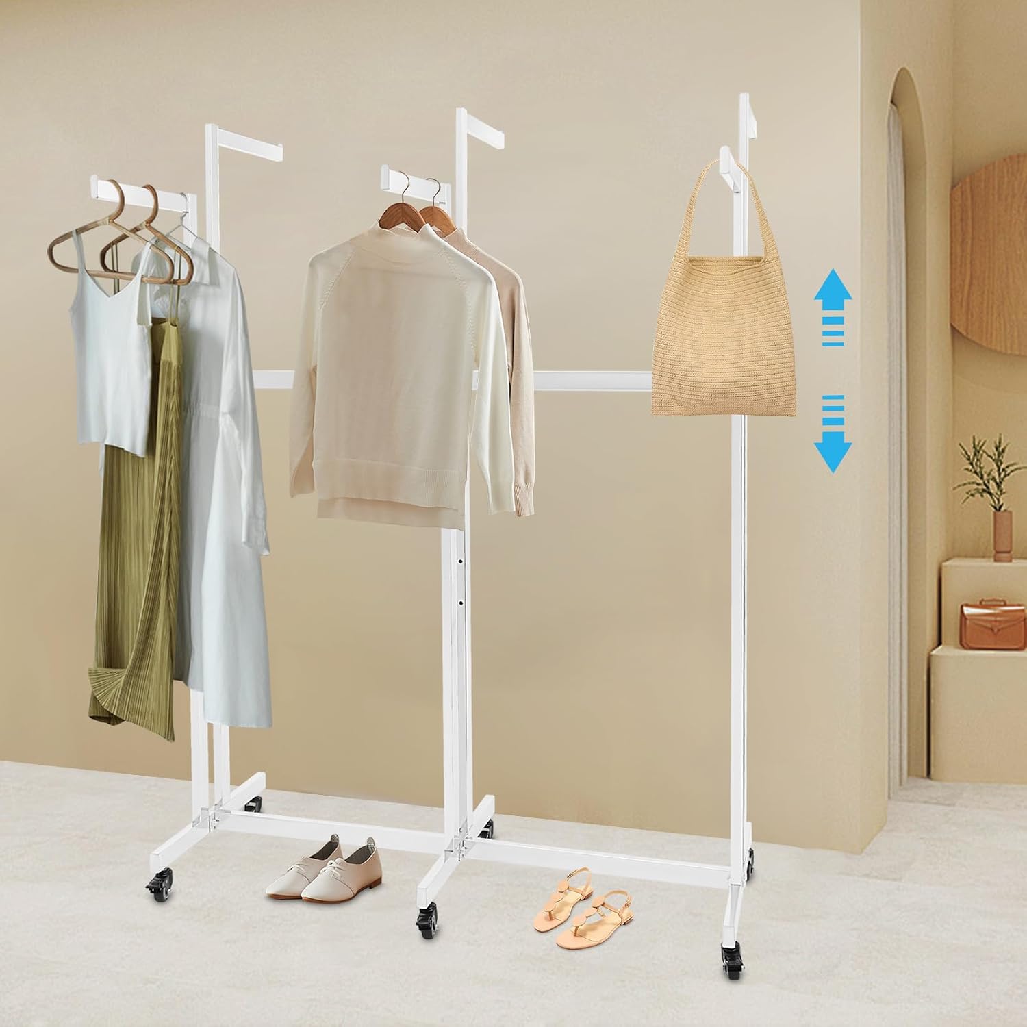 Heavy Duty Garment Rack, Height-Adjustable Clothing Rack with 6 Arms, Floor Standing with Wheels, 165 lbs Load Capacity for Hanging Clothes