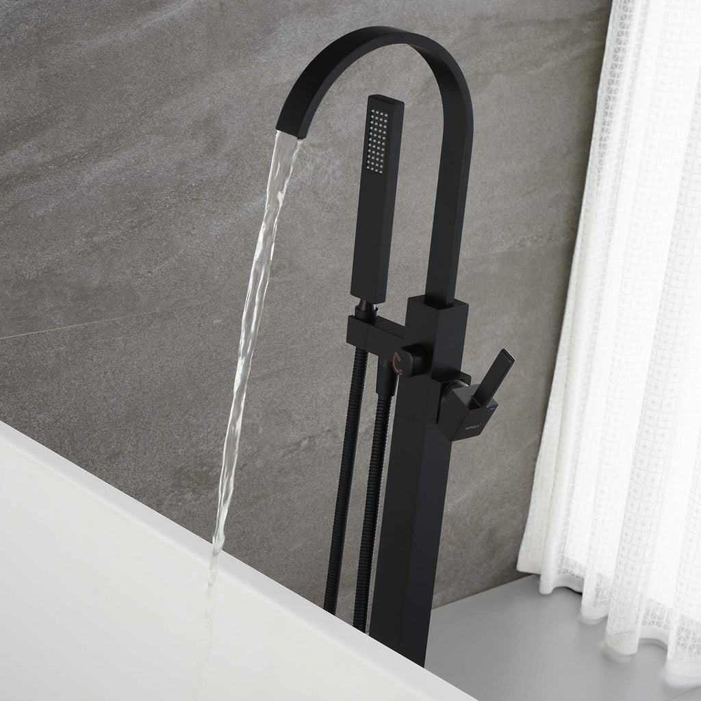 Freestanding Bathtub Faucet Tub Filler Black Floor Mount Single Handle with Hand Shower