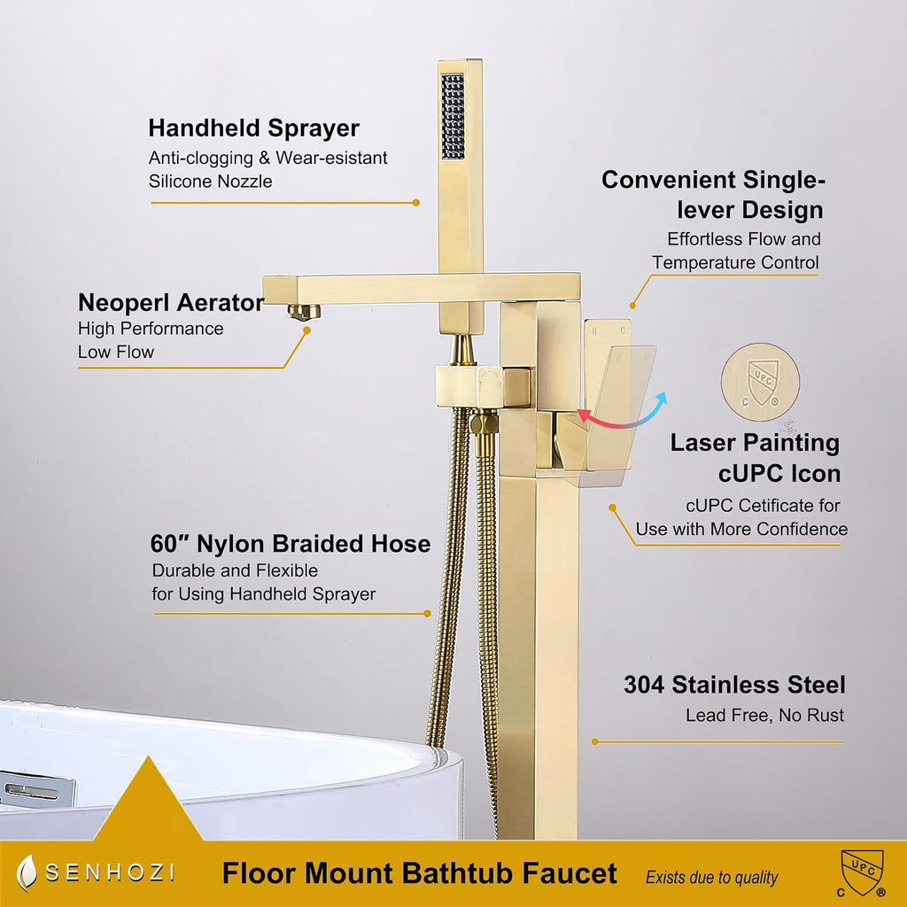 Freestanding Bathtub Faucet Brushed Gold, Floor Mounted Tub Filler Tub Faucet, 304 Stainless Steel Free Standing Tub Faucets with Hand Shower, SE-3003-BG