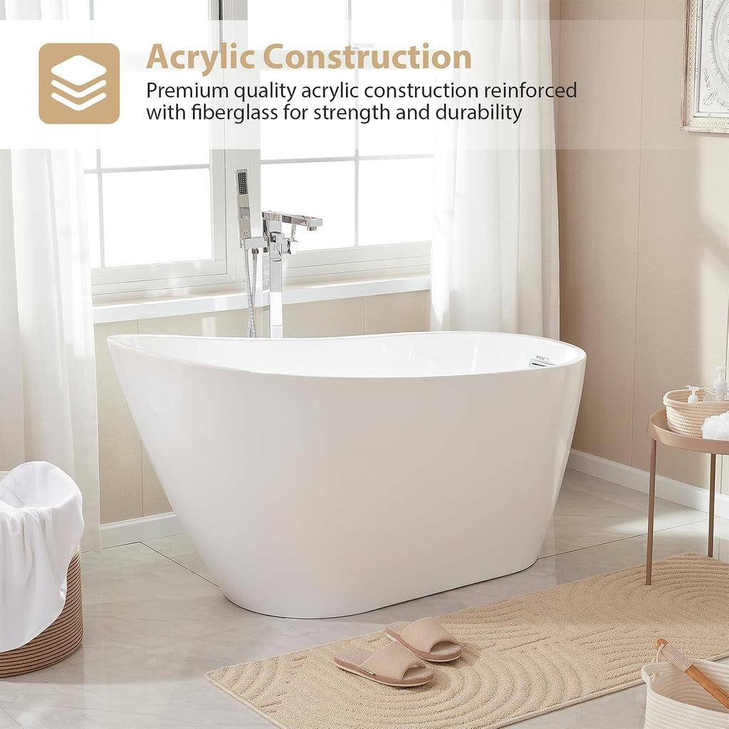 Vanity Art 55 x 28 Inches Freestanding Bathtub White Acrylic Bathtub Modern Stand Alone Soaker Tub with UPC Certified Slotted Overflow and Pop-up Drain for Single Person Bathing
