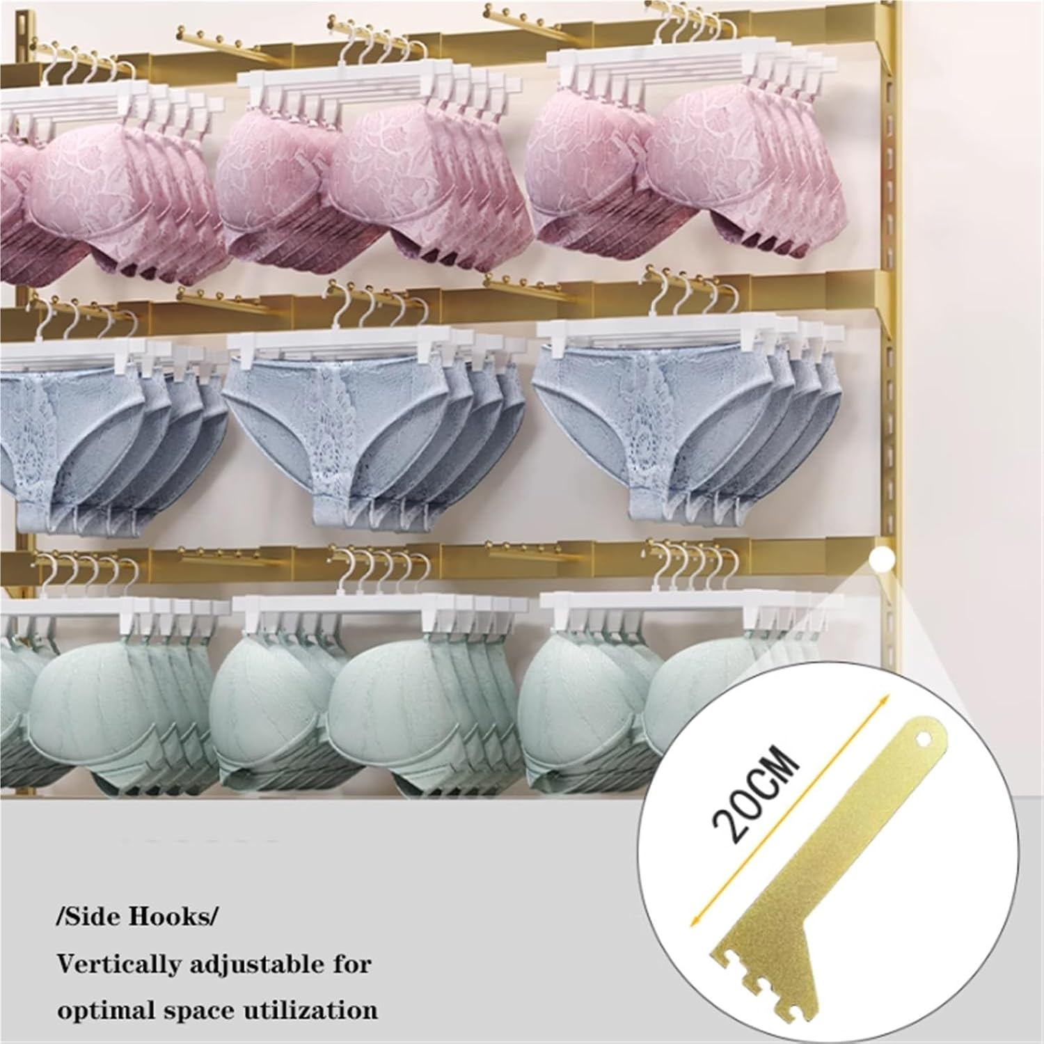 Wall-Mounted Underwear Display Stand, Metals, Lingerie Garment Rack, Retail Sock Show shelves, Supermarkets Commercial Clothing Store Shelf, for Bras, Shorts, Hats(Gold,120 * 150cm)