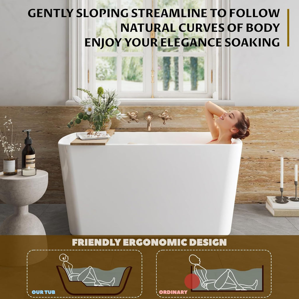 49 Inch Freestanding Bathtub, Acrylic Freestanding Tub with Drain, Overflow & Flexible Drain Pipe, Glossy White Small Soaking Tub for Apartment or Guest Bathroom