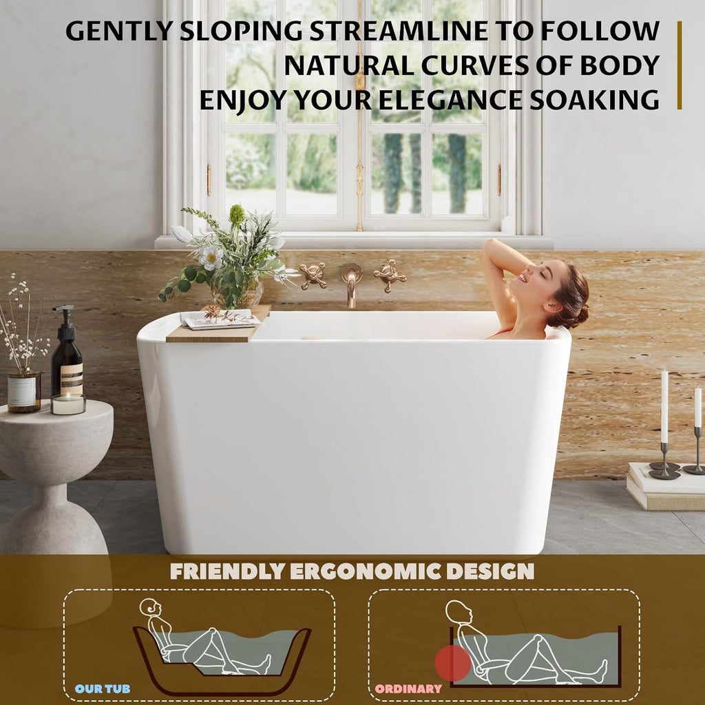 49 Inch Freestanding Bathtub, Acrylic Sit-In Soaking Tub with Chrome Drain & Overflow, Glossy White Modern Design, Compact Space-Saving Bath for Bathrooms