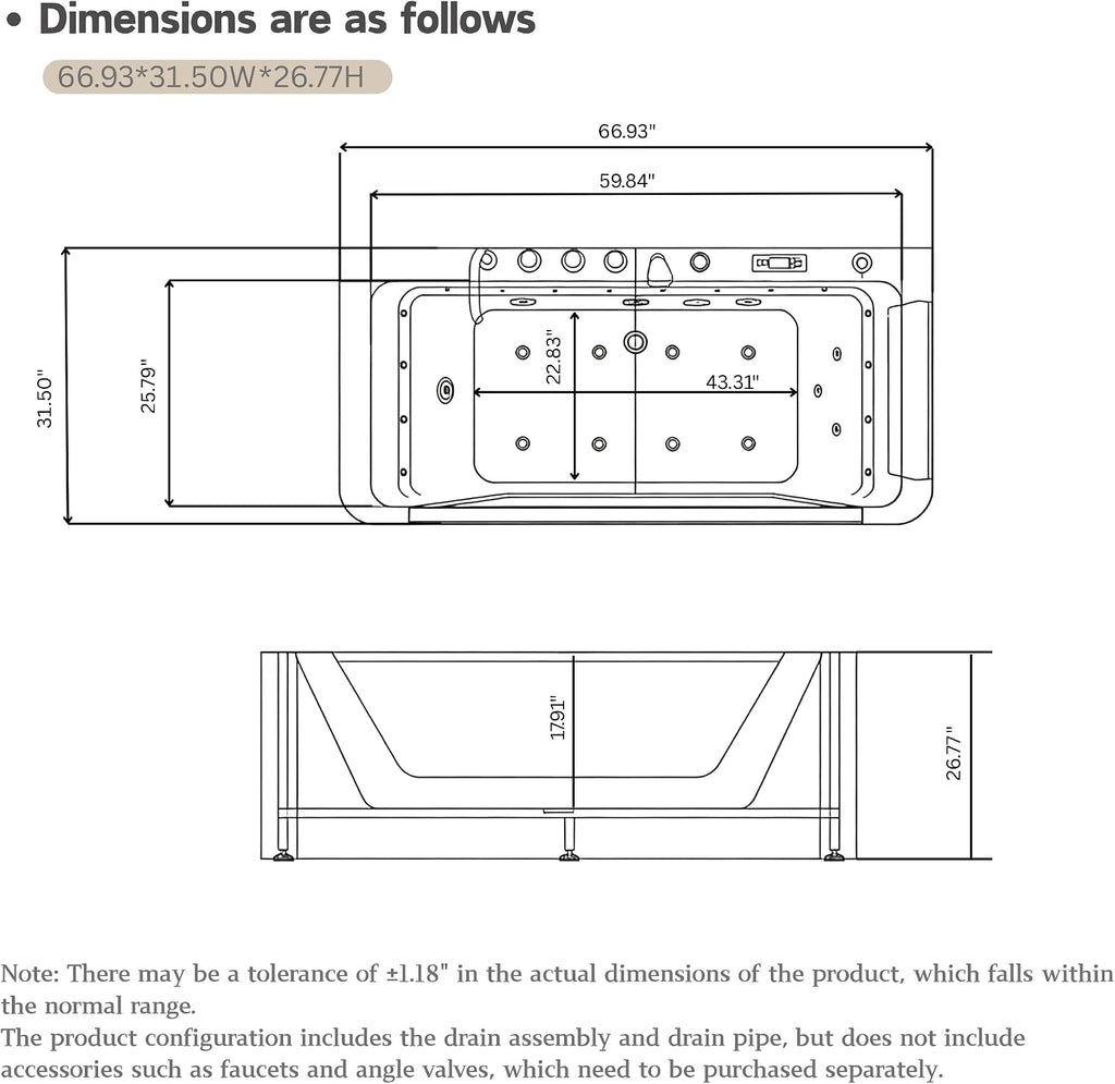 67'L x 31.5'W Whirlpool Tub for Single Person, Massage Whirlpool Bathtub, Hydro Massage, Color-Changing LED Chromatherapy, Air Type Control Switch, 89 Gallons, 7 Jets, 3-Side Apron with Glass, White