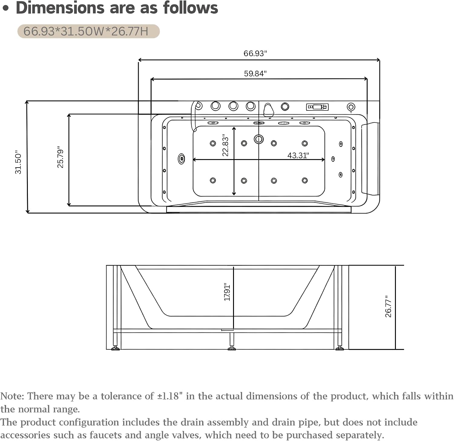 67'L x 31.5'W Whirlpool Tub for Single Person, Massage Whirlpool Bathtub, Hydro Massage, Color-Changing LED Chromatherapy, Air Type Control Switch, 89 Gallons, 7 Jets, 3-Side Apron with Glass, White