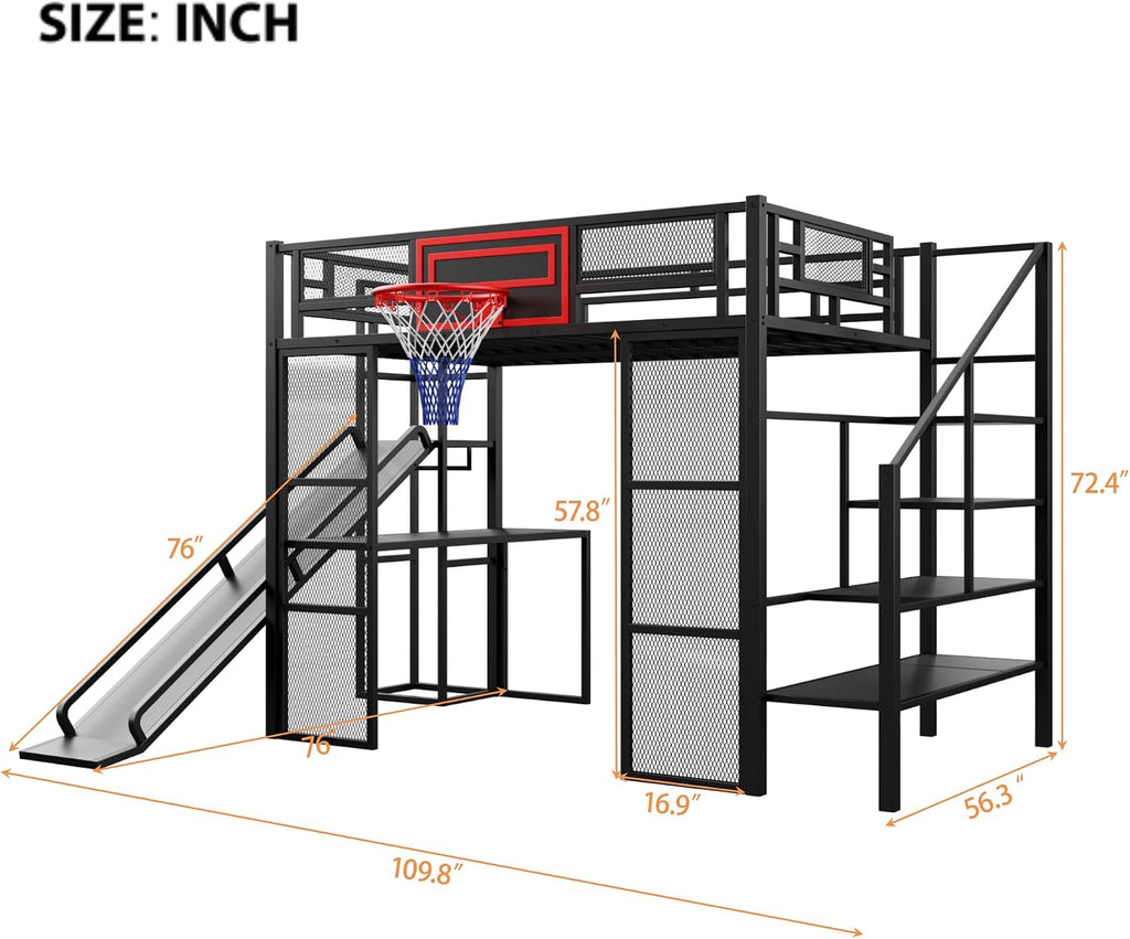 Merax Full Size Metal Loft Bed with Slide and Stairs, Loft Bed Frame with Built-in Desk, Open Wardrobe, Basketball Hoop, Space-Saving Loft Bed Frame with Storage Staircase for Kids Teens Boys, Black