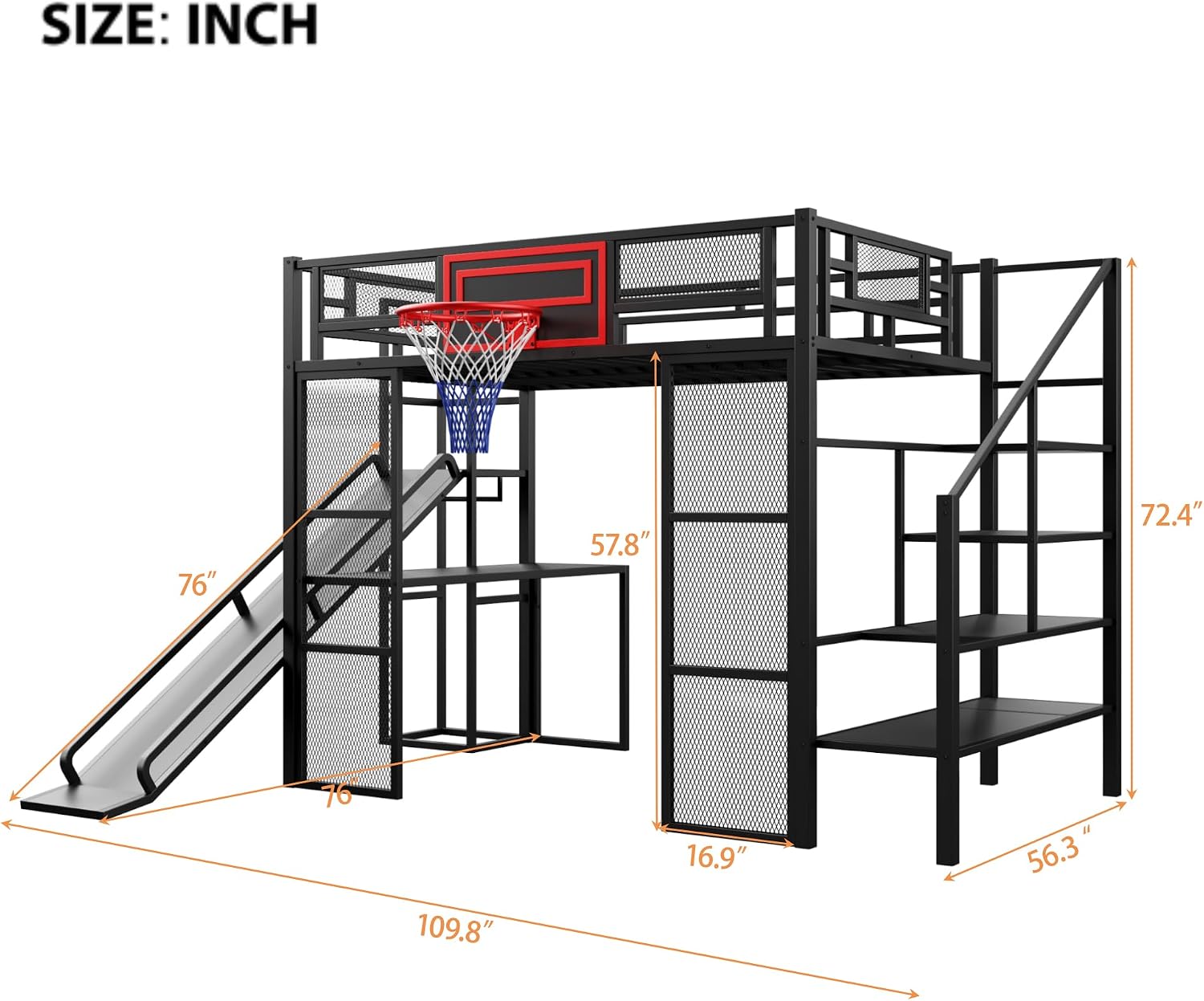 Merax Full Size Metal Loft Bed with Slide and Stairs, Loft Bed Frame with Built-in Desk, Open Wardrobe, Basketball Hoop, Space-Saving Loft Bed Frame with Storage Staircase for Kids Teens Boys, Black