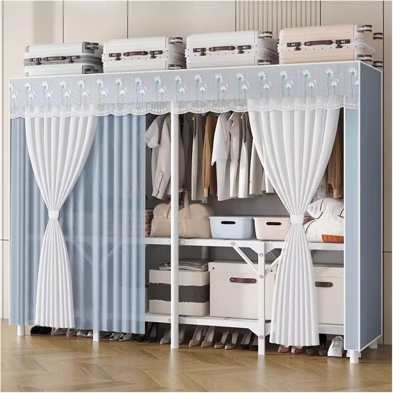 Portable Wardrobe Closet With Cover, Metal Freestanding Clothing Rack For Hanging Clothes, Wardrobe With Alloy Steel Connectors, Garment Rack For Bedroom, Dorm(Blue,150x170x45cm)