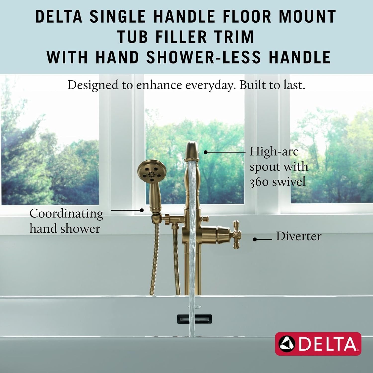 Delta Freestanding Tub Faucet with Hand Held Shower, Brushed Gold Floor Mount Tub Filler, Champagne Bronze T4797-CZFL-LHP (Valve and Handle Not Included)