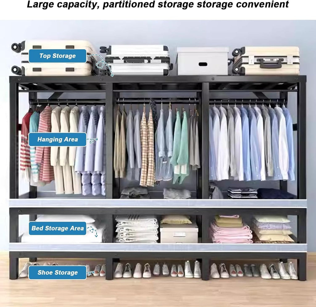 Heavy Duty Metal Mobile Clothes Drying Rack - Rolling Foldable Clothes Rack With Cover And Wheels/1500 Lbs Large Capacity Wardrobe Closet/Independent Clothing Organization System For Bedroom(Size:215*